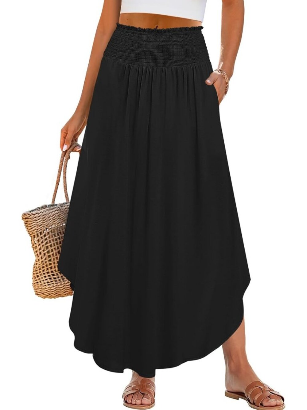 Women's Black Boho Floral High Waisted Smocked Flowy Pocket Maxi Skirt